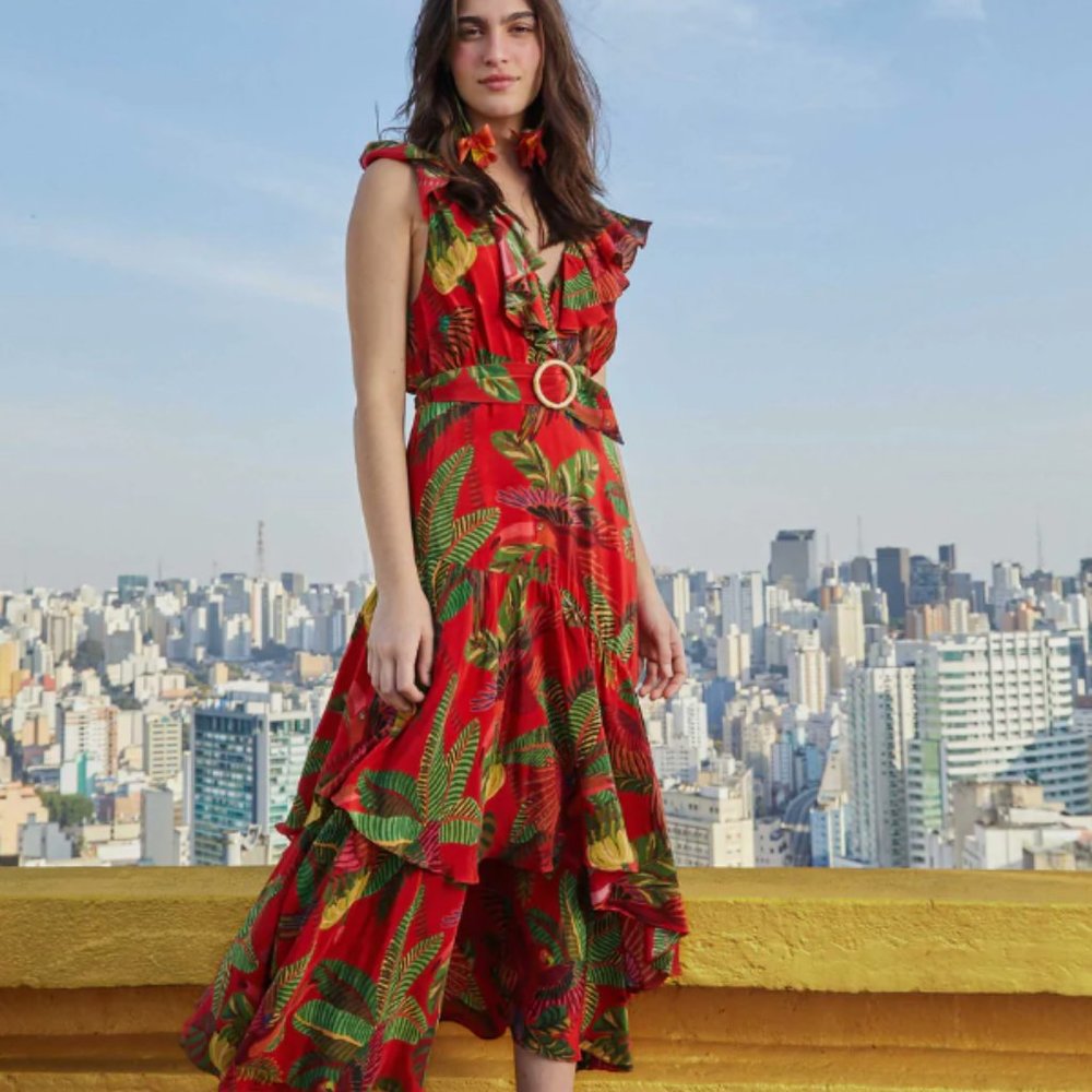 FARM Rio Red and Green Tropical Midi Dress